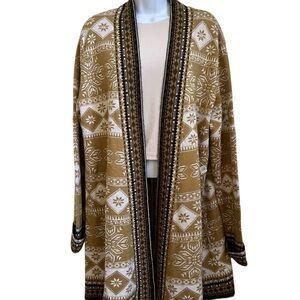 Icelandic Design Size XL Long Mustard Cream Pattern Wool Blend Cardigan Sweater